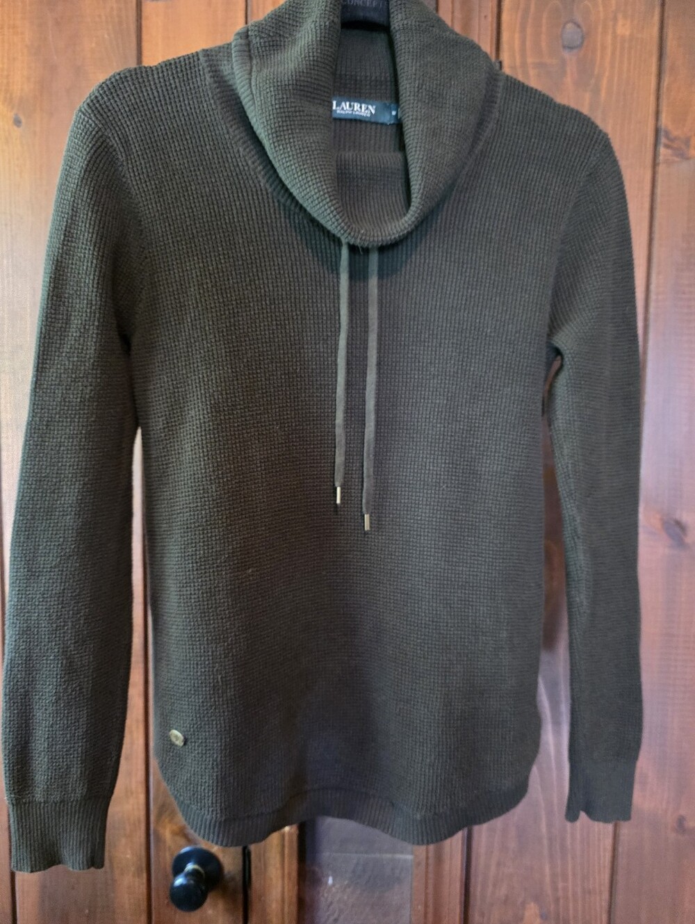 Ralph Lauren Army Green Drawstring Cowlneck Sweater 100% Cotton Sz M